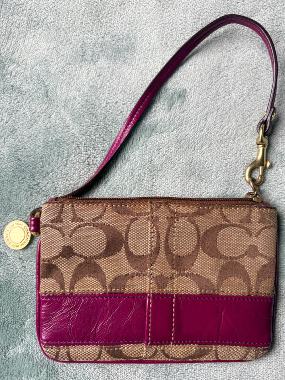 Coach Signature Brown Jacquard Monogram with Purple Leather Trim Wristlet